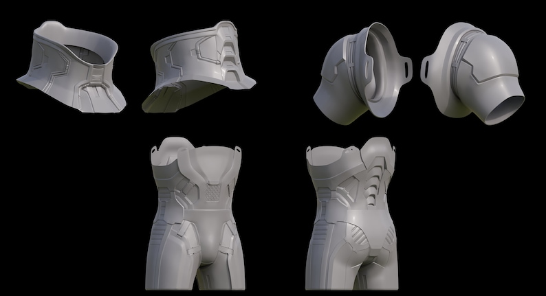 May include: A 3D model of a futuristic suit of armor, shown in various angles. The suit is made of smooth, gray plastic and has a sleek, modern design. The suit includes a helmet, chest piece, and leg pieces.