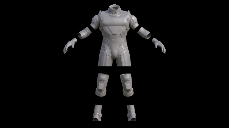 May include: A 3D model of a futuristic suit of armor, separated into individual pieces. The suit is made of a smooth, gray material and features a variety of details, including a helmet, chest plate, shoulder pads, gloves, knee pads, and boots.