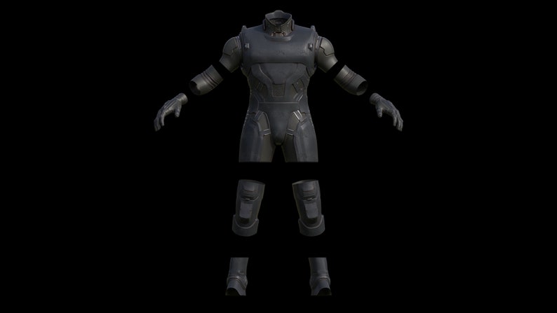 May include: A black and silver futuristic suit of armor with a helmet, chest piece, arms, legs, and boots.
