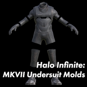 May include: A disassembled black and gray undersuit for the Halo Infinite video game. The suit is labeled "UNSC" and includes the torso, legs, arms, and boots.