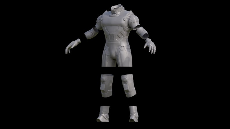 May include: A gray, articulated, 3D model of a futuristic suit of armor. The model is separated into individual pieces, including the torso, arms, legs, and feet.