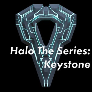 Puede incluir: Un símbolo geométrico azul y gris con líneas azules brillantes. El texto "Halo The Series: Keystone" está debajo del símbolo.
