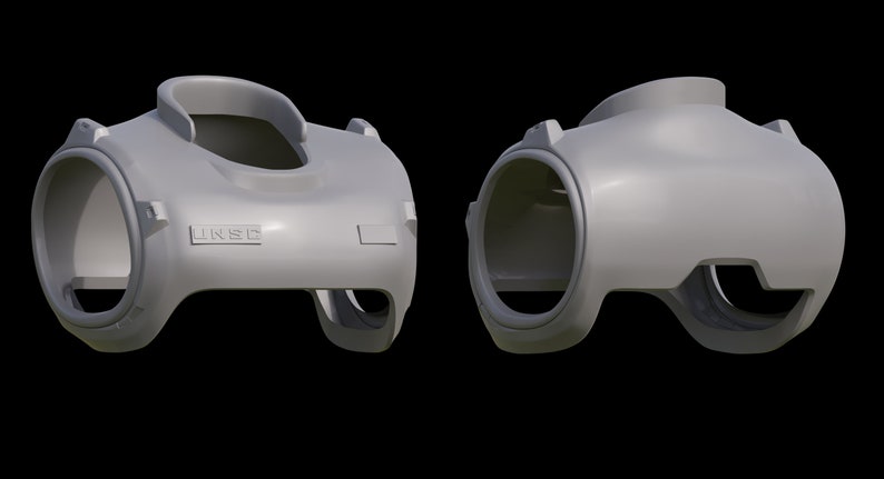 May include: A gray plastic 3D printed model of a futuristic helmet with the word "UNSC" printed on the front.