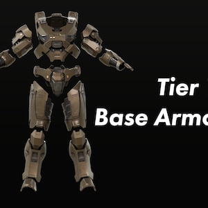 Op de afbeelding: Een gedemonteerde set van bruine en zwarte bepantsering voor een videogamepersonage. De bepantsering is gemarkeerd met "Tier 1: Base Armor".