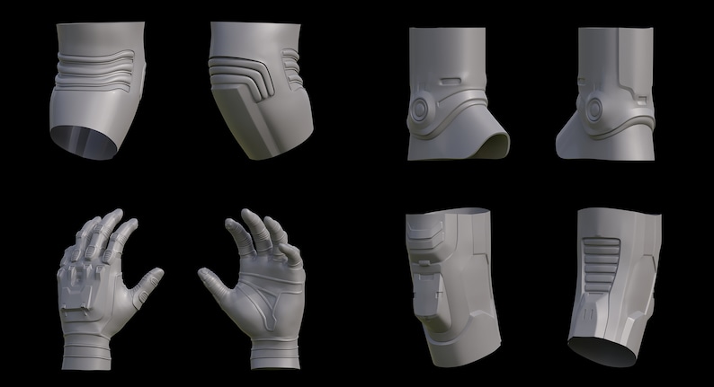 May include: A set of eight 3D printed models of a futuristic robotic arm, showing the elbow, wrist, and hand in various poses.