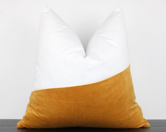 Mustard Velvet and White Linen Cover Pillow| Handwoven Pillow Cover|Adorable Pillows