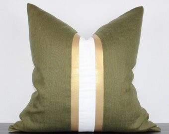 Luna Green Moss and Gold Faux Leather| Cozy Handwoven  Covers| 18x18 19x19 22x22 Cover Pillows