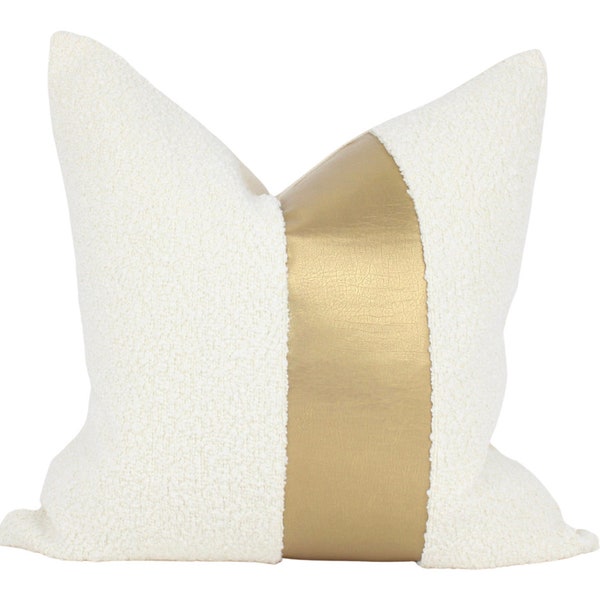 Coco Boucle With Faux Gold Leather Cover Pillow| Adorable Cream chunky weave| 18x18 20x20 all sizes.