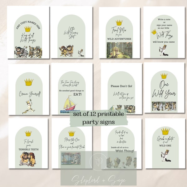 Where the Wild Things Are Printable Party Signs l set of 12 l instant download l Wild One first birthday