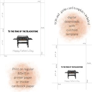 Puede incluir: Tarjeta del D&iacute;a del Padre imprimible con una parrilla negra Blackstone con el texto "To the King of the Blackstone" y "Happy Father's Day". La tarjeta est&aacute; dise&ntilde;ada para imprimirse en papel de 8,5x11 pulgadas e incluye l&iacute;neas de corte/plegado para un f&aacute;cil montaje.
