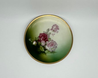 Thomas Sevres Bavaria Plate with Pink Roses Hand Painted & Signed by Artist “Gray” Antique Gem Collectible 6 inch