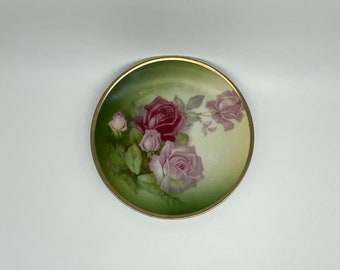 Thomas Sevres Bavaria Plate with Pink Roses Hand Painted & Signed by Artist “Black” Antique Gem Collectible 6 inch
