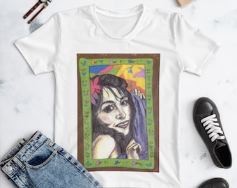 Women's White Crew Neck T-Shirt – Vintage Judy Tenuta Art Print Jersey