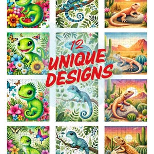 Puzzle Pal Lizards - 12 Unique Digital Art Prints | Desert and Tropical Themes | High-Resolution JPG & PNG | Whimsical Lizard Illustrations