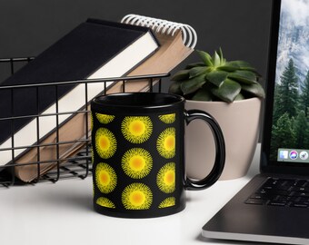 Sun Glow Printed Mug - Black Glossy Coffee Mug - Pattern Wrapped Mug