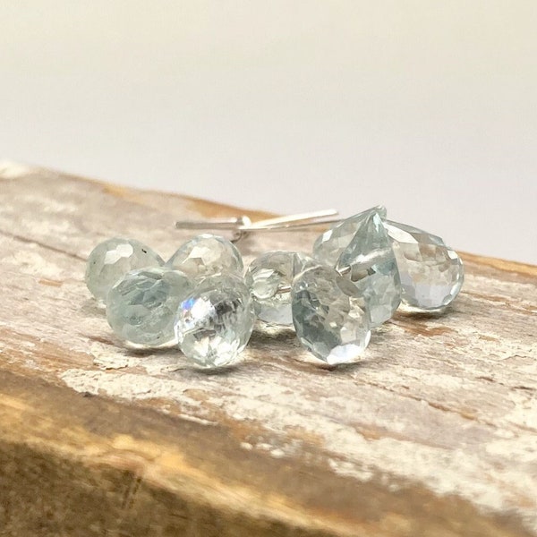 Aquamarine TINY briolettes, 4 x 6 mm faceted teardrop beads, aquamarine drop shaped briolette beads, de-stash