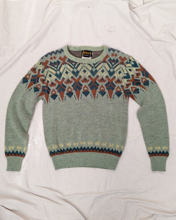 Vintage 1960s Mint Green Intarsia Knit Sweater MC… - image 1
