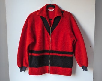 Vintage 1960s Red & Black Fuzzy Fleece Jacket Ribbed Knit Cuffs Zip Front 50s 60's Atomic Rockabilly Mid Century Sportswear Blanket Coat /