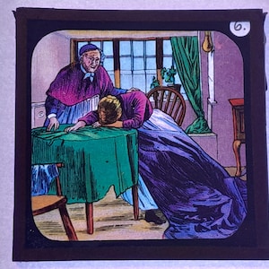 Antique Glass Magic Lantern Slide, Early 20th Century Colourful Slide, Grieving Woman
