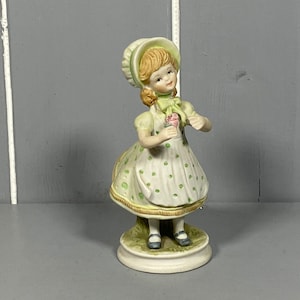 Vintage Bisque Porcelain, Handpainted Girl Picking Flowers