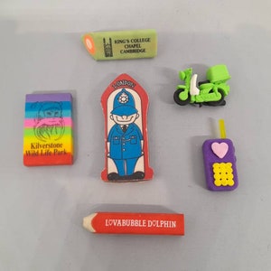 Collection of 6 Vintage Retro Novelty Erasers / Rubbers 80&#39;s - 90&#39;s