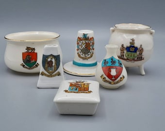 6 Miniature Crested China Ornaments, Antique Crested China, Goss Etc