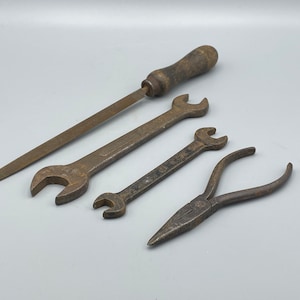 Assorted Antique/ Vintage Wooden Handled File and Spanners.