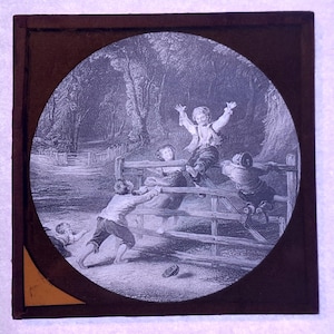 Antique Glass Black and White Magic Lantern Slide, by Early 20th century Slide, Pictures of an Engraving, Children Playing