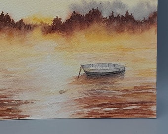 水彩画、夕暮れの水上の楽しい小さなボート 22.5 x 27.5 cm - Etsy 日本