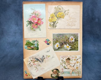 Antique Victorian Scrapbook Page – Double Sided Ephemera Collage Sheet – 19th Century Die Cut Prints, Chromolithograph Illustrations