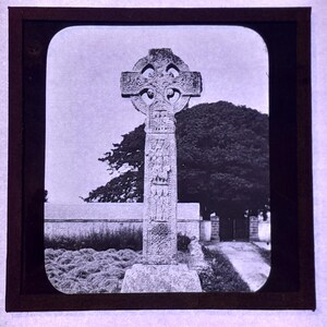 Antique Glass Black and White Magic Lantern Slide, by Early 20th century English Slide, Small Church Cross Possibly a Monument