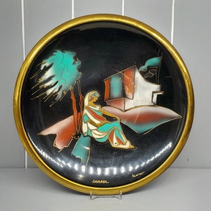 Mount Zion Brass Enamelled Plate, Vintage Israel Art 29cm