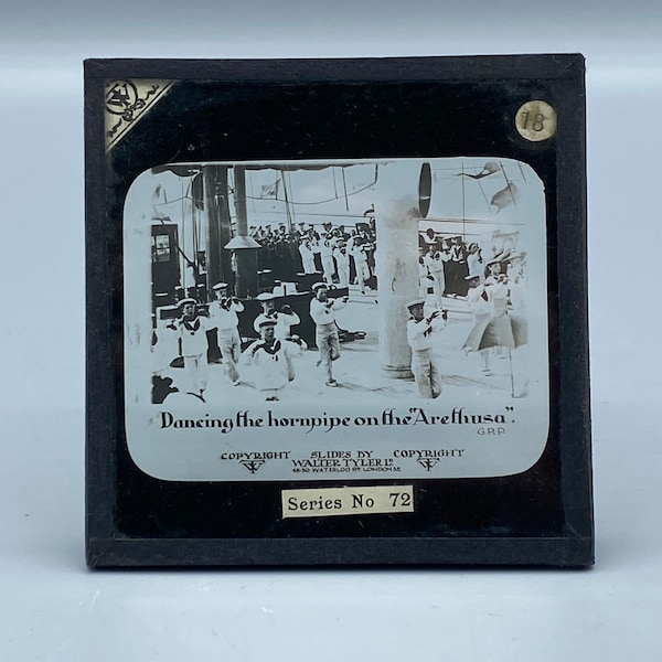 Antique Black and White Magic Lantern Slide, by Walter Tyler ltd “Dancing the horn pipe”