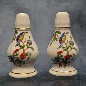 May include: A pair of white ceramic salt and pepper shakers. Each shaker features a colorful bird perched on a branch with flowers. The shakers have a gold trim and a decorative top.