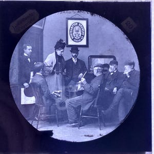 Antique Glass Black and White Magic Lantern Slide, by Early 20th century Slide, Edwardian Group Picture in the Pub
