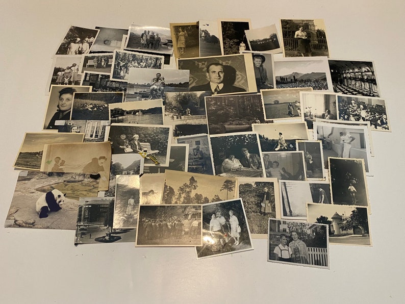 May include: A collection of vintage black and white photographs, some featuring people, some landscapes, and some animals. The photos are arranged in a random pattern on a white surface.