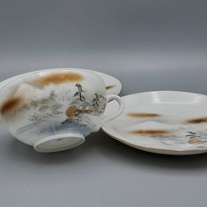 Early 20th century Japanese Kutani trio, Cup Saucer and Cake Dish