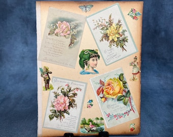 Antique Victorian Scrapbook Page – Double Sided Ephemera Collage Sheet – 19th Century Die Cut Prints, Chromolithograph Illustrations