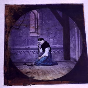 Antique Glass Magic Lantern Slide, Early 20th Century Colourful Slide, Jane Conquest Lady Kneeling