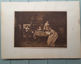 Antique Print, 'Blind Milton Dictating Paradise Lost to his Daughters'  by  M. Munkacsy.  Printed 1901