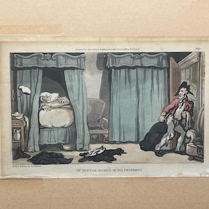 Peut inclure: Une estampe ancienne représentant une scène avec une personne au lit sous un baldaquin, un homme en manteau rouge et un chien. L'estampe a un titre en bas et est encadrée d'une bordure marron clair. L'œuvre est une illustration historique.