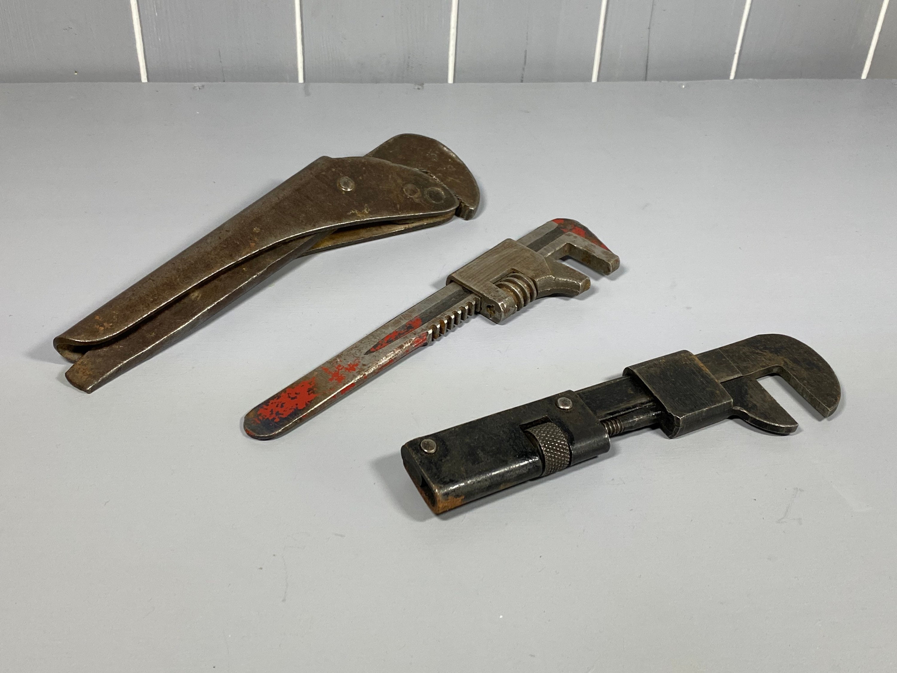 Vintage Metal Handled Adjustable Monkey Wrench Lot of 3 Pipe Wrenches  Antique