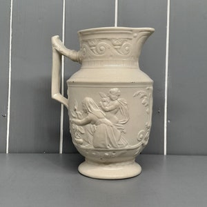Vintage Tuscan White Embossed Ceramic Jug, Embossed Pattern