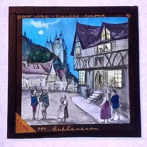 Antique Glass Magic Lantern Slide, by Early 20th century Colourful Slide, The Castle Clock