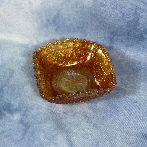 Vintage Carnival Glass Square Bowl, Pearlescent Highly Decorative Glass Bowl