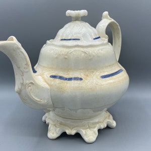 Large Victorian Ceramic Tea Pot with Blue Strip Design.