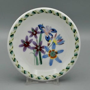 Puede incluir: Un platillo de cerámica blanca con un borde verde y amarillo. El centro del platillo presenta un diseño floral con flores moradas, azules y amarillas.