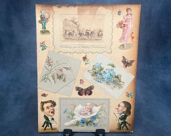 Antique Victorian Scrapbook Page – Double Sided Ephemera Collage Sheet – 19th Century Die Cut Prints, Chromolithograph Illustrations