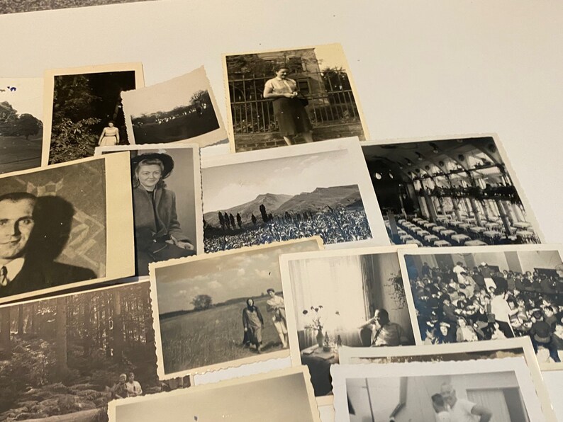 May include: A collection of black and white vintage photographs, some featuring people, some landscapes, and some indoor scenes.