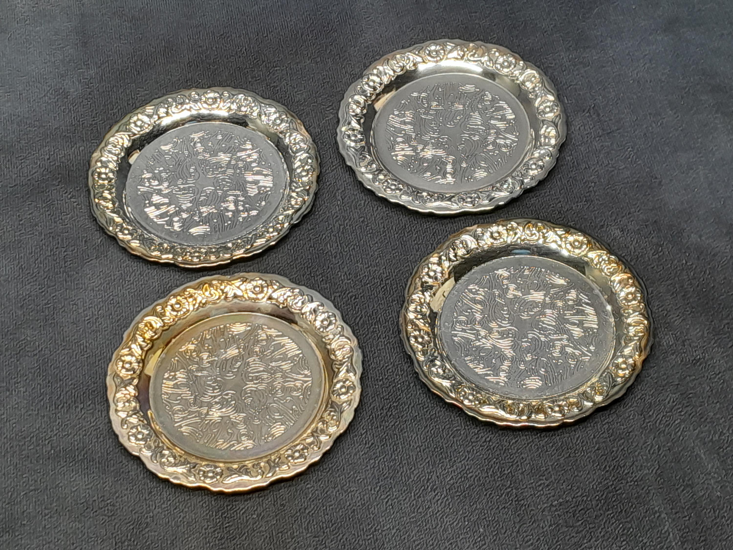 シルバープレートカップコースター4枚セット、ヴィンテージシルバー